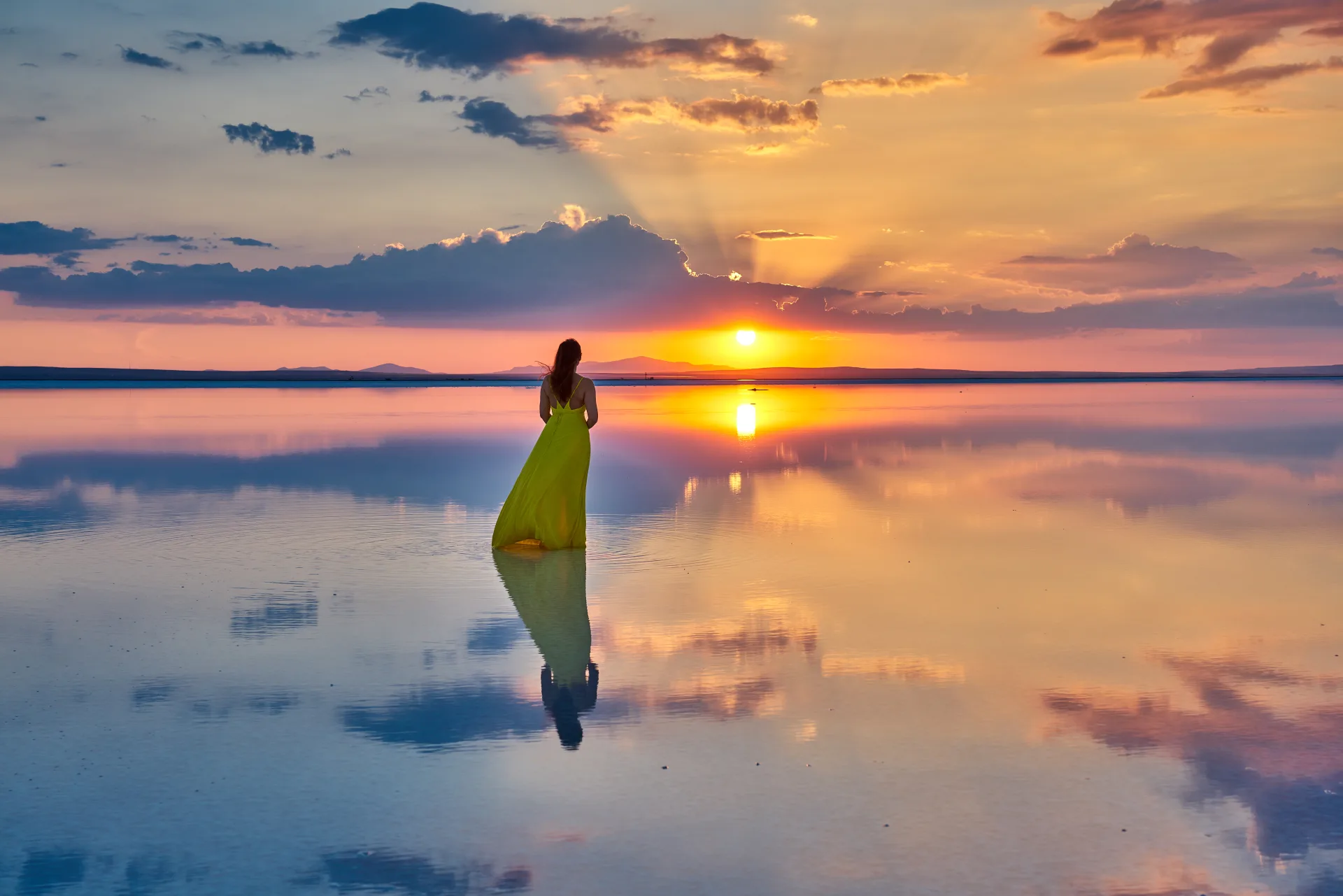 Sunset reflected in the shallow water of Tuz Gölü