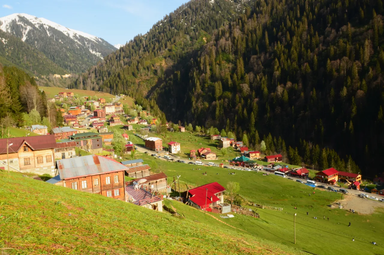 Mountain village and green slopes at Ayder in the Rize region