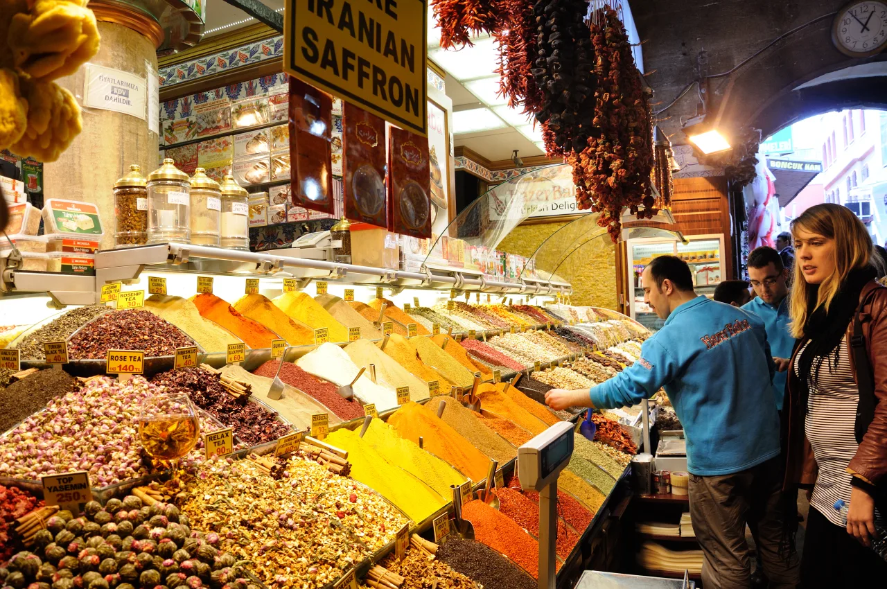 Spices and dried produce at an Istanbul Spice Bazaar stall