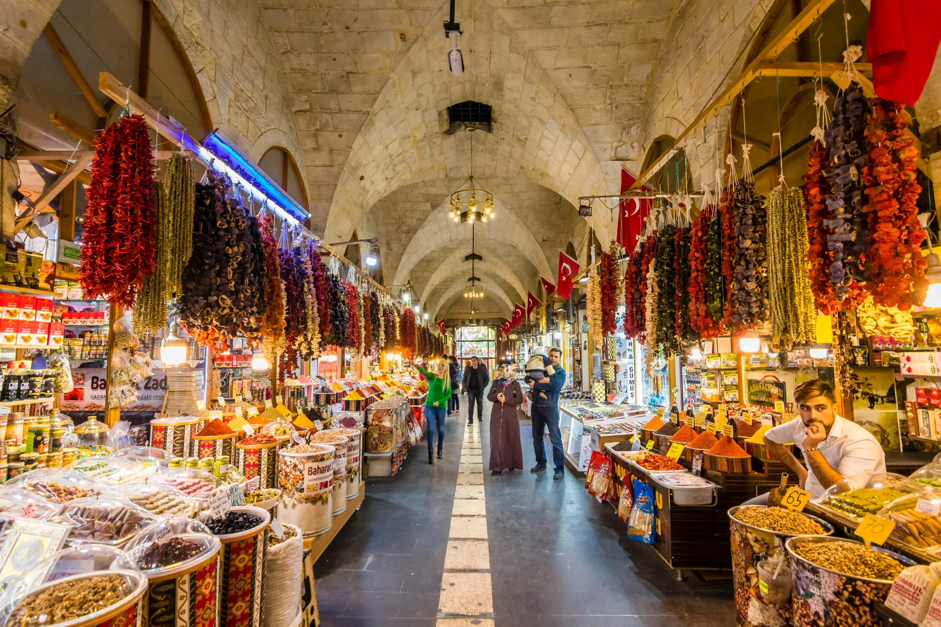 A vaulted passage with stalls in Istanbul’s Spice Bazaar