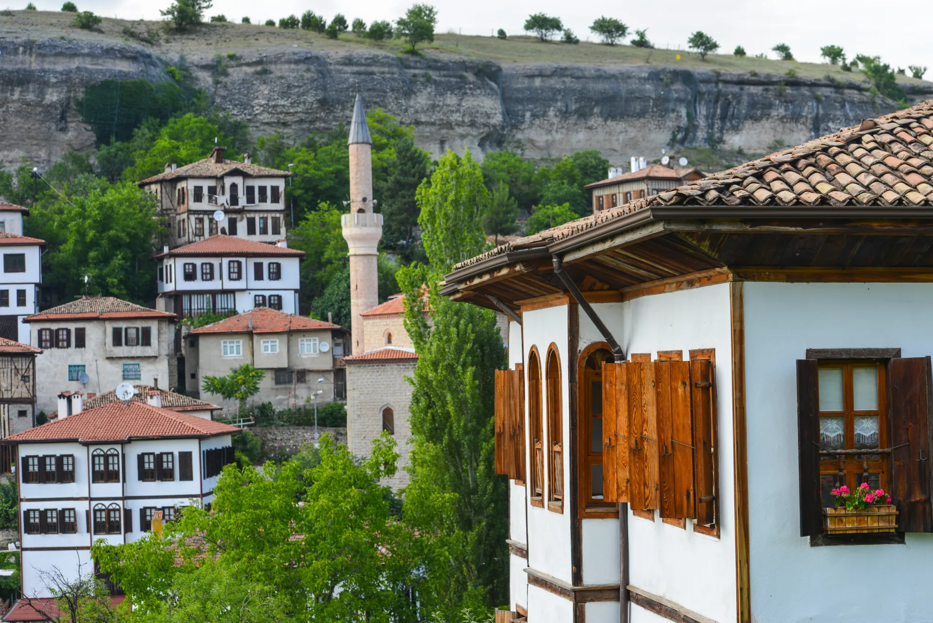 Traditional houses and a minaret in Safranbolu