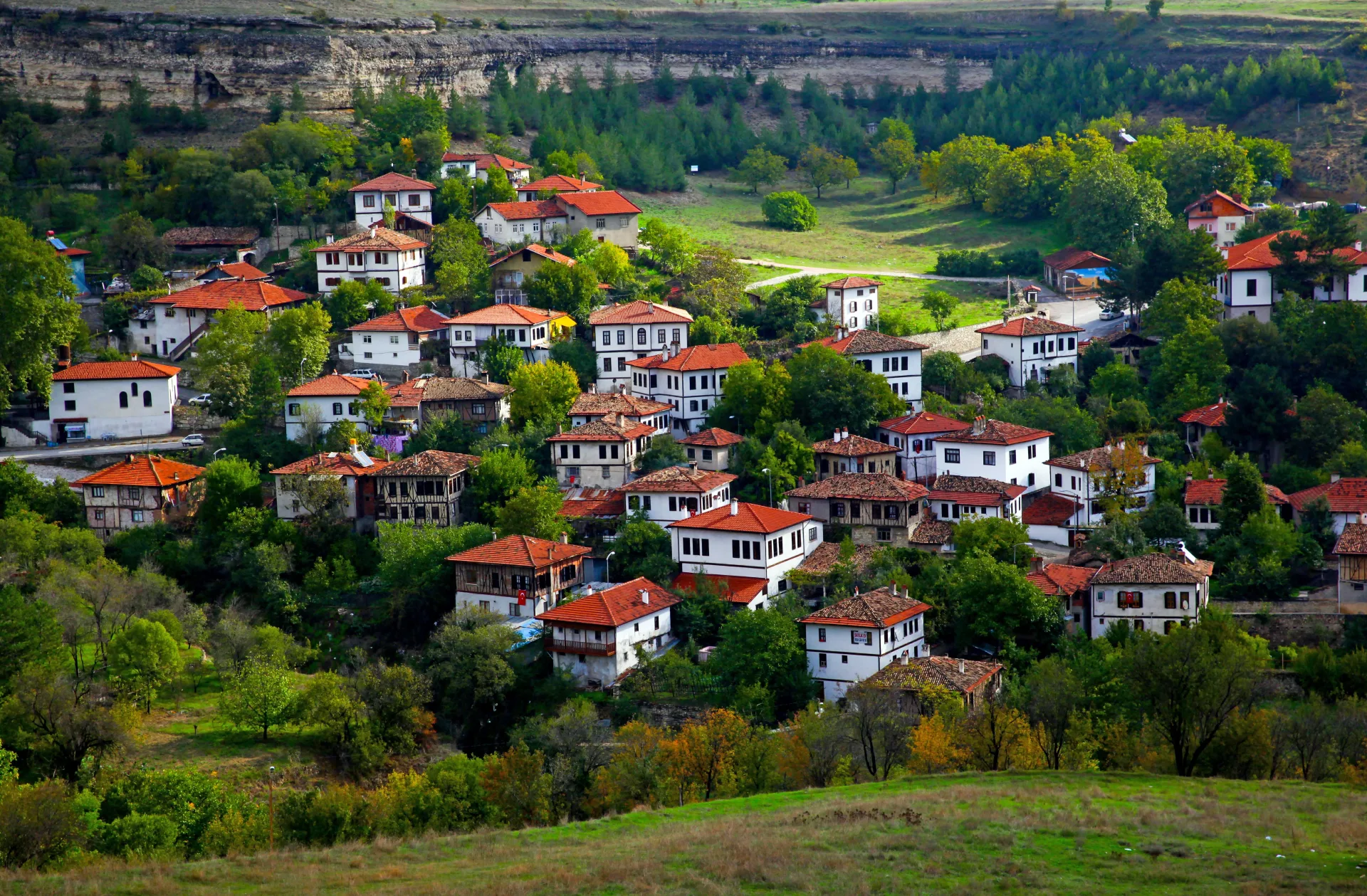 Safranbolu’s traditional houses across a green hillside